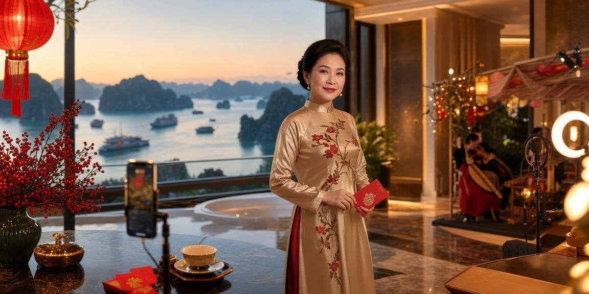 Người mặc áo dài cầm phong bì đỏ tại Vịnh Hạ Long — biểu tượng may mắn casino châu Á