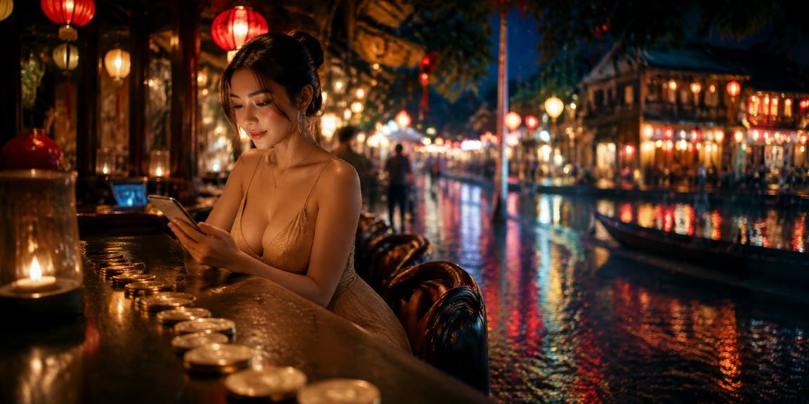 Người dùng sử dụng điện thoại tại chợ đêm Hội An — truy cập casino trên mobile