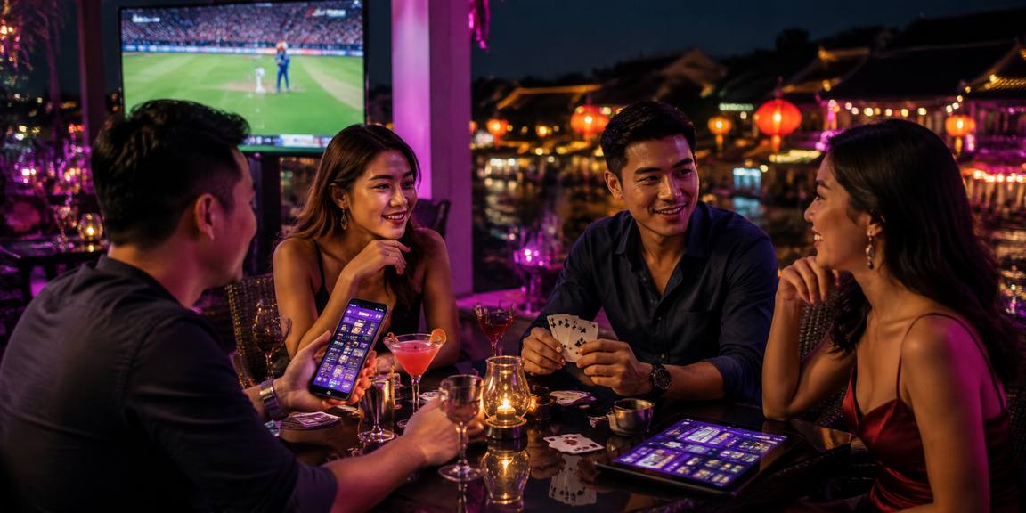 Bàn chơi poker với ánh đèn lồng Hội An — không khí casino Á Đông về đêm