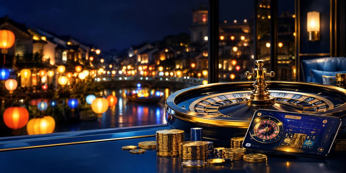 Không khí casino sôi động phong cách đèn lồng Hội An — minh họa trang kèo trực tiếp