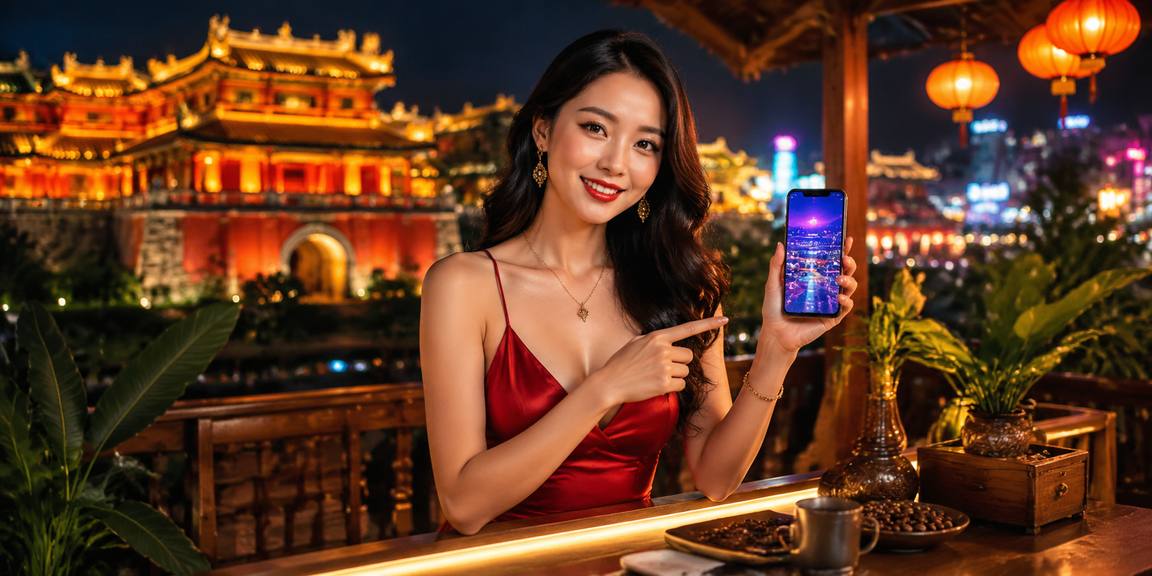 Người dùng chơi casino trên điện thoại dưới ánh đèn lồng Huế về đêm